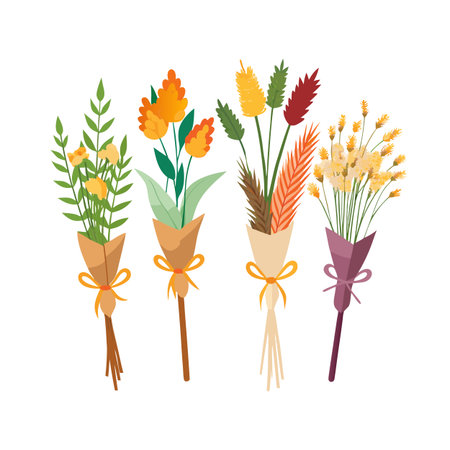 Floral Bouquets Wrapped in Paper with Ribbons Vector Graphic Set on Whiteのイラスト素材