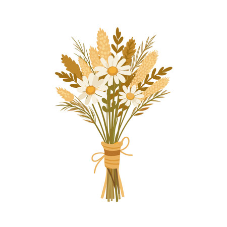Elegant bouquet of daisies and wheat, tied with a raffia bow, on white backdropのイラスト素材