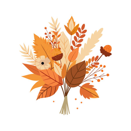 A stylized autumnal bouquet with orange and brown leaves and flowers on white backgroundのイラスト素材