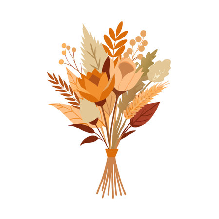Autumnal floral bouquet vector illustration featuring wheat ears, leaves and orange blossomのイラスト素材