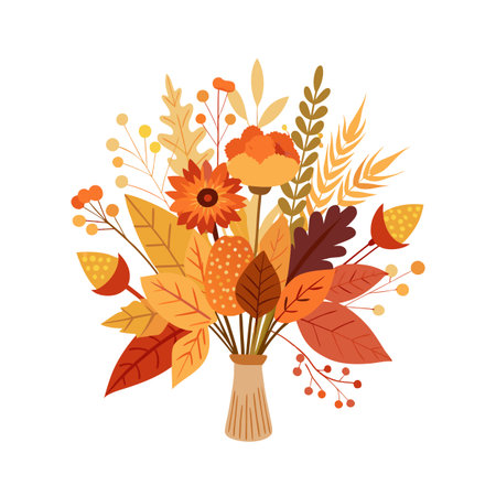 Autumn Floral Arrangement in Vase with Colorful Leaves and Berries on White Backgroundのイラスト素材