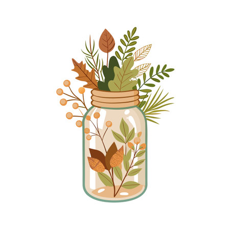 Fall Foliage Arrangement in Mason Jar, Flat Design Illustration, Cozy Autumn Themeのイラスト素材