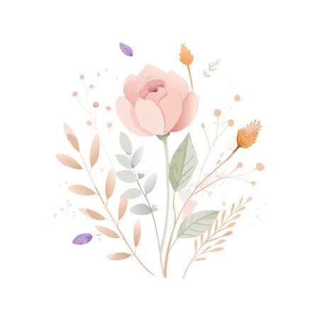 Delicate watercolor floral arrangement featuring a soft pink rose and various foliage on a white backgroundのイラスト素材