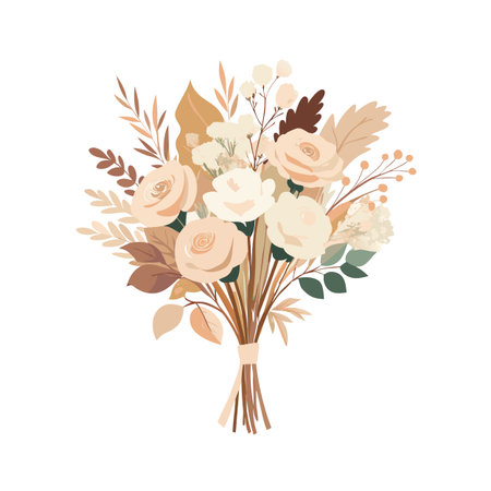 Elegant floral bouquet of roses and foliage in neutral tones for wedding design projectsのイラスト素材