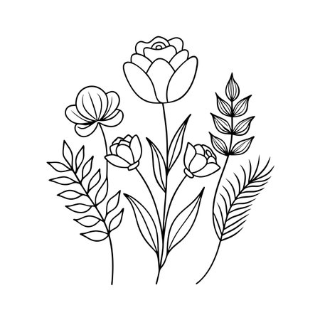 Elegant black and white floral arrangement illustration with roses and delicate leavesのイラスト素材