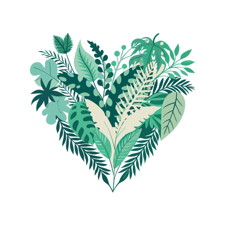 Tropical Foliage Heart Shape: A collection of flat design leaves creating a natural heart on whiteのイラスト素材