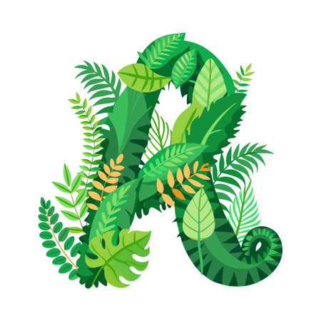 Letter A botanical illustration with various vibrant green leaves and plants on a white backgroundのイラスト素材