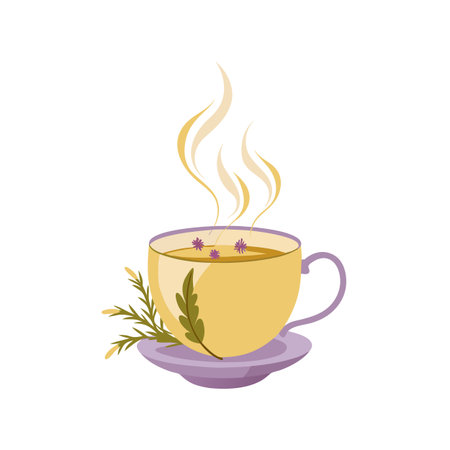 A cup of herbal tea with flowers and steam in pastel colors illustrationのイラスト素材