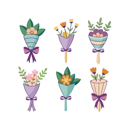 Cartoon Flower Bouquets with Ribbons on White Background, Vector Illustrationのイラスト素材