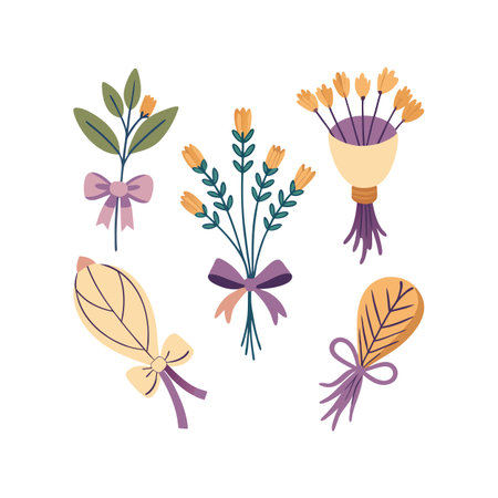 Assorted Hand-Tied Bouquets with Pastel Ribbons on a White Background, Floral Artのイラスト素材