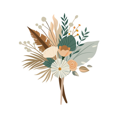 Boho floral bouquet with neutral colors and botanical elements in a decorative arrangement on a white backgroundのイラスト素材