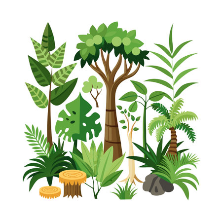 Stylized Jungle Plant Composition with Palm Tree, Foliage, and Tree Stump Elementsのイラスト素材