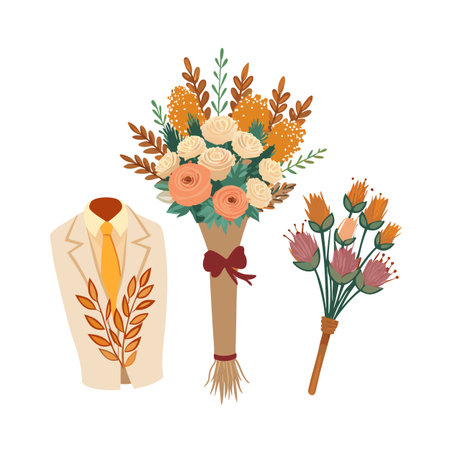 Floral Bouquets and Formal Suit Illustration for Wedding or Special Occasionのイラスト素材