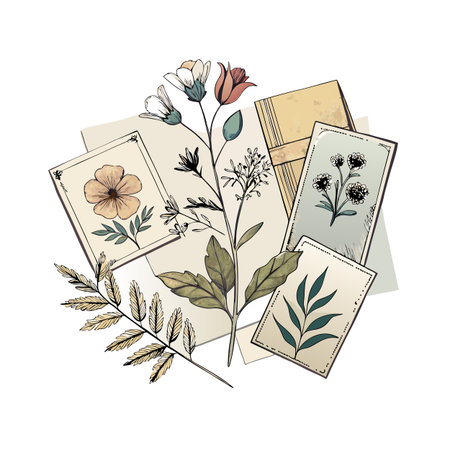 Botanical Vintage Illustration with Floral Cards and Greenery Arrangement for Backgrounds and Designsのイラスト素材
