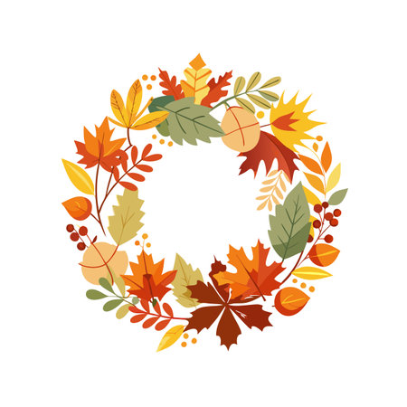 Autumn Leaf Wreath with Assorted Foliage and Berries, Flat Vector Illustrationのイラスト素材