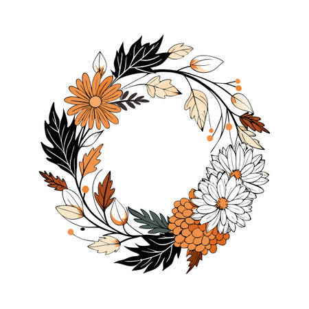 Elegant floral wreath illustration with daisy flowers, leaves, and berries in autumnal color palette on white backgroundのイラスト素材