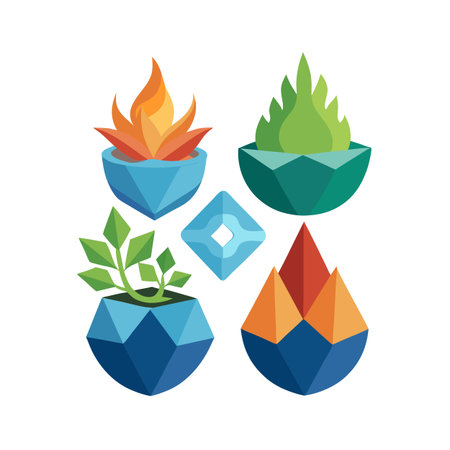 Geometric Potted Plants and Abstract Shape on White Background: Nature-Inspired Designのイラスト素材