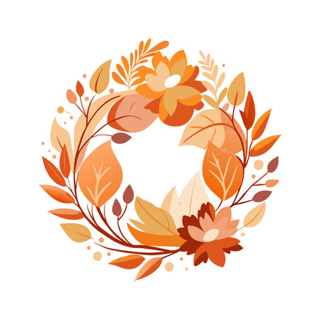 Autumn Floral Wreath with Leaves and Flowers in Warm Earthy Tones, Isolatedのイラスト素材