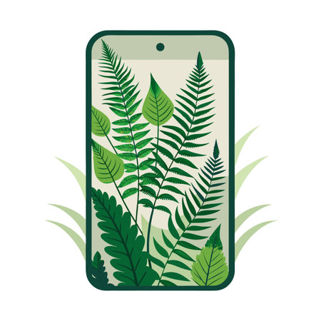 Smartphone display of botanical illustration with ferns and leaves representing eco-friendly mobile technologyのイラスト素材