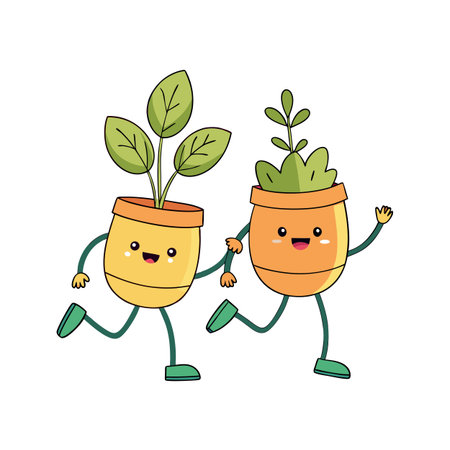 Two cartoon plant pots walking together holding hands on a white backgroundのイラスト素材