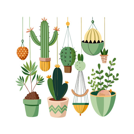 Collection of trendy potted and hanging houseplants in flat design against a white backgroundのイラスト素材