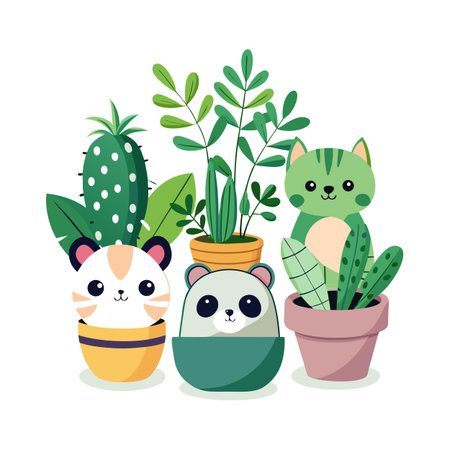 Cute cartoon animals in pots surrounded by plants on a white background illustrationのイラスト素材