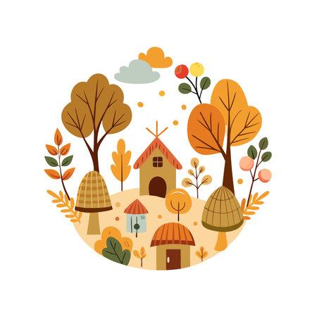 Autumn Village Illustration with Trees and Mushroom Houses in a Circle Compositionのイラスト素材