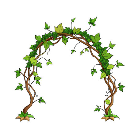 Stylized Vine Arch Illustration with Lush Green Leaves and Twisting Brown Branchesのイラスト素材
