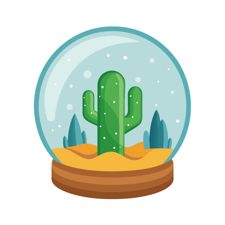 Cactus Snow Globe Illustration Featuring Desert Landscape and Teal Accentsのイラスト素材