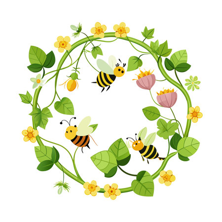 Cartoon Bees Flying Around Floral Wreath of Green Vines and Colorful Flowersのイラスト素材