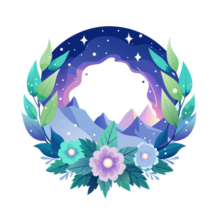 Floral frame with mountains and night sky landscape for invitations and designsのイラスト素材