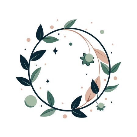 Elegant floral wreath illustration with leaves and flowers in muted tones for design projectsのイラスト素材