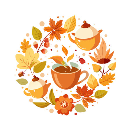 Autumn Tea Time: A Circular Composition of Seasonal Foliage, Teapot, and Steaming Cupのイラスト素材