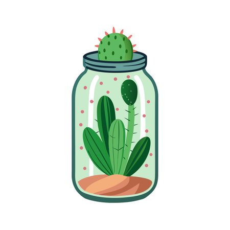 Illustration of a Terrarium with Succulent Plants in a Glass Jarのイラスト素材