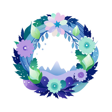 Floral Wreath with Mountain Scene Flat Vector Illustration in Cool Tonesのイラスト素材