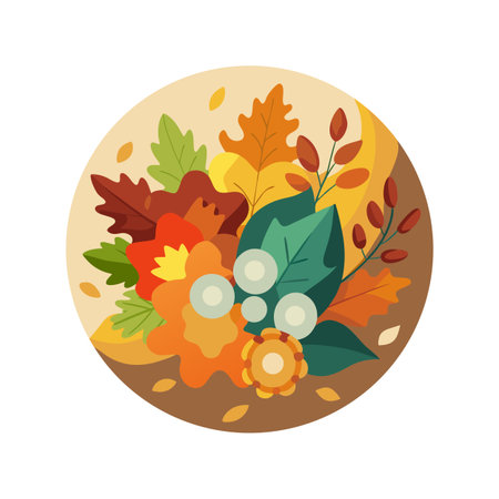 Colorful Autumnal Floral and Leaf Arrangement in Circular Frame with Warm Tonesのイラスト素材