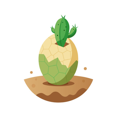 Cactus growing from cracked eggshell on earth: a symbol of new life and growthのイラスト素材