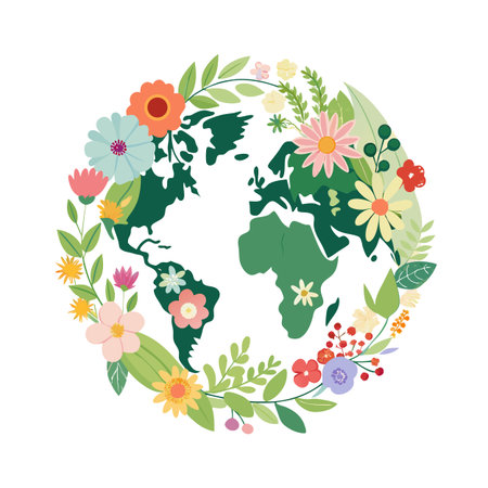 Floral earth illustration with various flowers surrounding the globe, nature and conservation conceptのイラスト素材