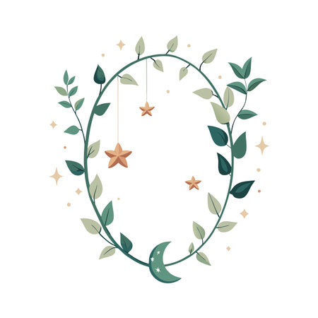 Floral wreath with stars and moon illustration on a white background for decoration and designのイラスト素材