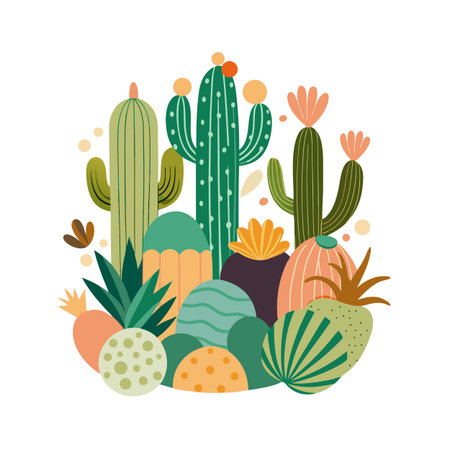 Stylized Cactus and Succulent Arrangement in Earthy Tones on White Backgroundのイラスト素材