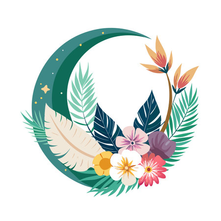Crescent moon floral design with tropical flowers and leaves, flat vector illustrationのイラスト素材