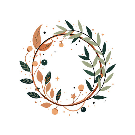 Elegant circular floral frame featuring decorative leaves and berries on a white backgroundのイラスト素材