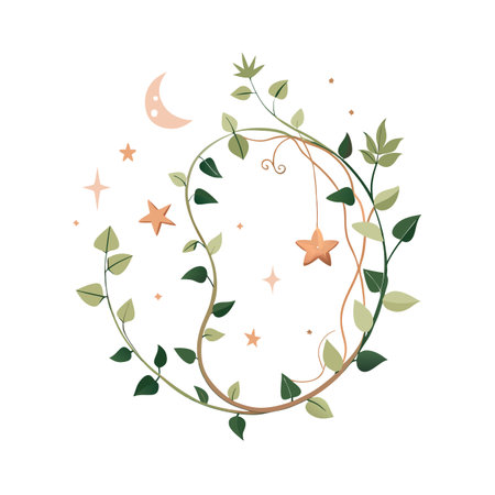 Elegant floral wreath with moon and stars in pastel colors for dreamy designsのイラスト素材