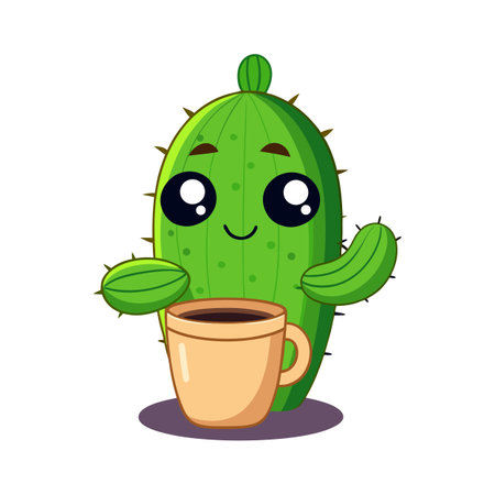 Cute Cactus Cartoon Character Enjoying a Cup of Coffee Illustration on White Backgroundのイラスト素材