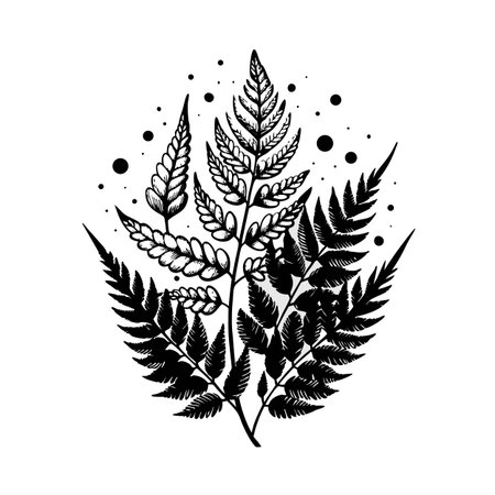 Elegant Black and White Fern Illustration with Abstract Dots and Leaf Detailsのイラスト素材