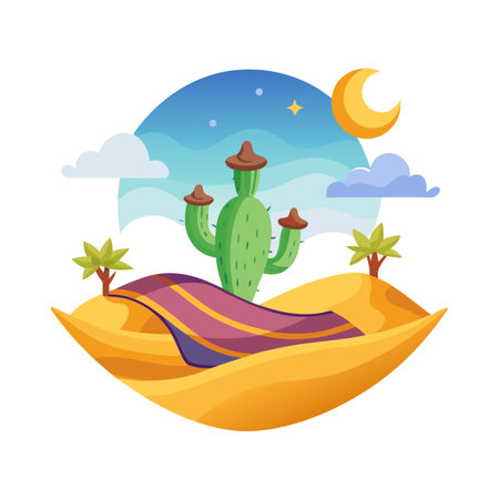 Whimsical desert landscape with cactus, magic carpet and blue sky illustration in a flat design styleのイラスト素材