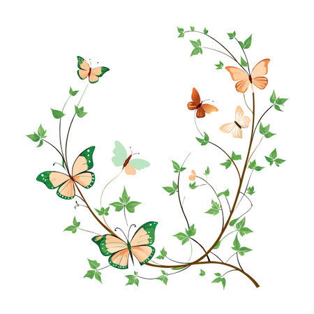 Elegant butterflies and vines illustration for springtime designs with soft, pastel colors and simplistic graphicsのイラスト素材