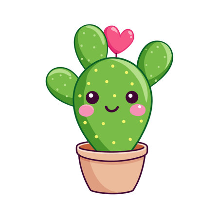 Kawaii Potted Cactus with Heart Balloon Illustration for Cute Greeting Cardsのイラスト素材