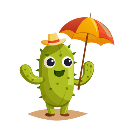 Cartoon Cactus Character in Hat with Umbrella Enjoying Summer Weather, Standing on Sandのイラスト素材