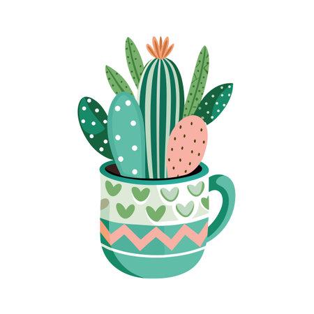 Cartoon style cacti in a turquoise mug with heart and chevron pattern.のイラスト素材